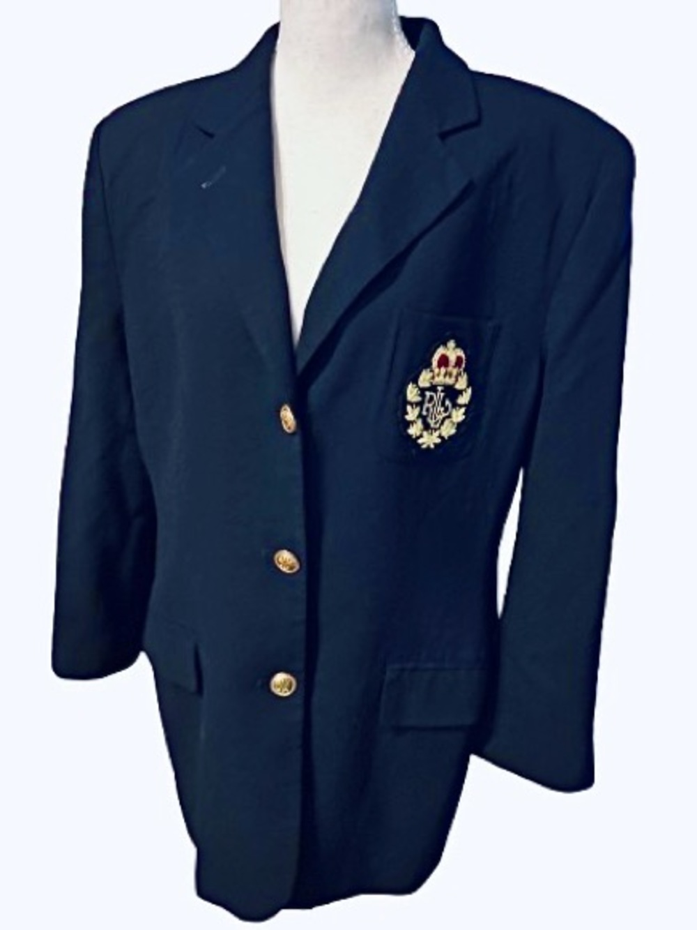 Vintage Wool RALPH LAUREN Navy Blue Blazer Crest Gold Buttons Designer Plus 16 - Picture 8 of 13